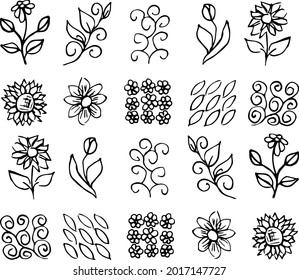 set of simple summer flowers drawings. abstract flower illustration. hand drawn vector art. black white illustration