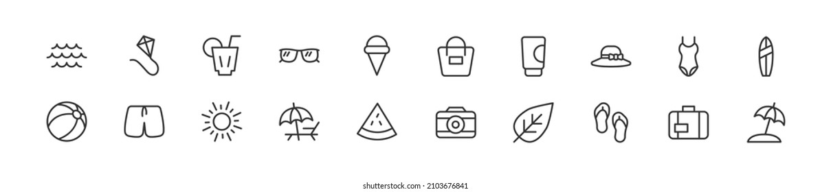 Set of simple summer line icons. Outline stroke object. Linear signs pack. Perfect for web apps and mobile.