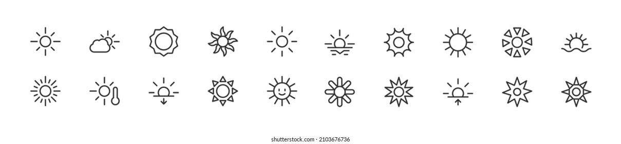 Set of simple sun line icons. Outline stroke object. Linear signs pack. Perfect for web apps and mobile.