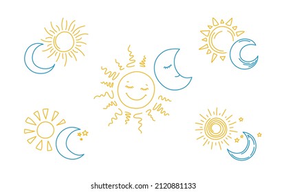 Conjunto de sol y luna simples. Simple ilustración del doodle.