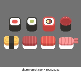 Set of simple sushi icons, geometric flat vector style.