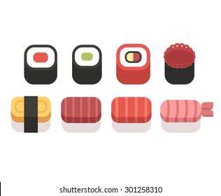 Set of simple sushi icons, geometric flat vector style.