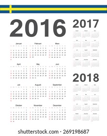 Set of simple Swedish 2016, 2017, 2018 year vector calendars. Week starts from Sunday.