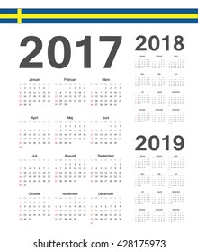 Set of simple Swedish 2017, 2018, 2019 year vector calendars. Week starts from Sunday.