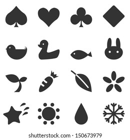 The set of simple symbols on the topic: nature, fauna, flora, suit (cards).