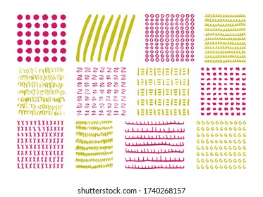 A set of simple symmetrical patterns. Hand drawn ink illustrations. Neat vector elements for design and decoration.Circles, lines, dashes, curls, loops, strokes, sticks, blots, spots, crosses, combs.