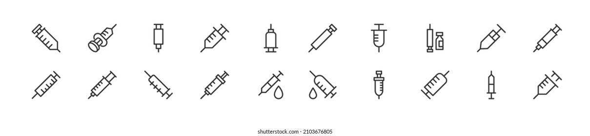 Conjunto de iconos simples de la línea de la jeringa. Objeto de trazo de contorno. Envase de signos lineales. Perfecto para aplicaciones web y móviles.