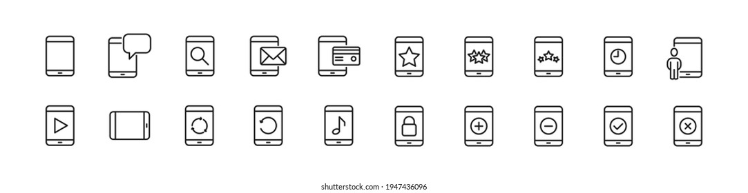 Set von einfachen Tablet-Linien-Symbolen. Strich-Objekt in Umrissen. Paket mit linearen Schildern. Perfekt für Web-Apps und mobile Anwendungen.