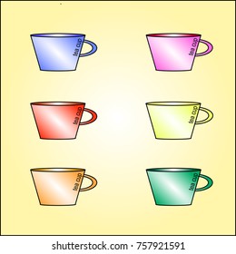 A set of simple tea cups of six items. Colors in the collection: blue, red, orange, pink, yellow, green.