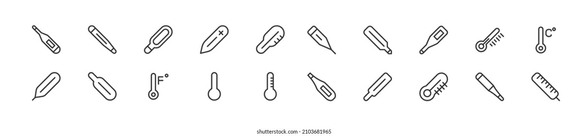 Set of simple thermometer line icons. Outline stroke object. Linear signs pack. Perfect for web apps and mobile.