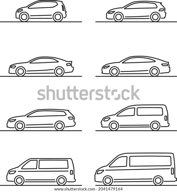 Set of simple thin line cartoon vehicles icons\
viewed from the side. The set includes small, medium and large\
cars, including vans.