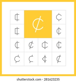 Set of simple thin line cent icons. Centavo, santim or centas sign, money pictogram, finance button, banking design. Vector illustration