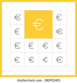 Set of simple thin line euro icons. Euro sign, money pictogram, finance button, banking design. Vector illustration