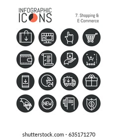 Set of simple thin line icons, shopping and e-commerce: online retailers, electronic shops, internet sales and discounts, express delivery. Vector illustration for website, mobile application, banner.