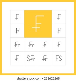Set of simple thin line Swiss franc icons. Legal tender of Switzerland. CHF sign, money pictogram, finance button, banking design. Vector illustration