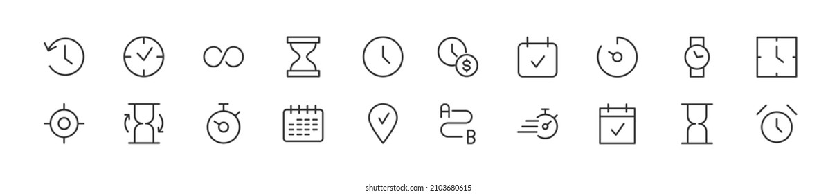 Conjunto de iconos simples de la línea de administración de tiempo. Objeto de trazo de contorno. Envase de signos lineales. Perfecto para aplicaciones web y móviles.