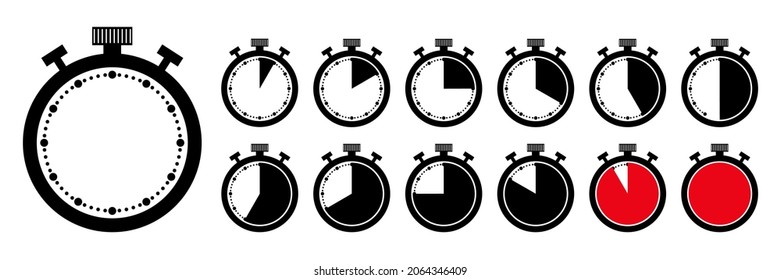 Set of simple timer, countdown, stopwatch icon, sign, logo. Full rotation arrow sport clock timer isolated on white background. Vector illustration