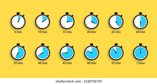 Set of simple timers. Countdown Timer vector icons set. Stopwatch icons set in flat style, digital timer. clock and watch, countdown symbol. Full rotation arrow timer. Sport clock