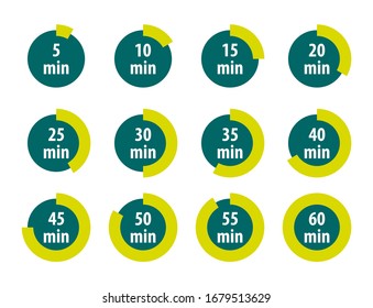 Set of simple timers, minutes label collection, color isolated on white background, vector illustration.