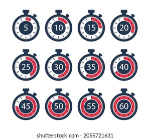 Set of simple timers. Stopwatch icons set, digital timer, clock. Countdown 5,10,15,20,25,30,35,40,45,50,55,60 minutes. Vector illustration.