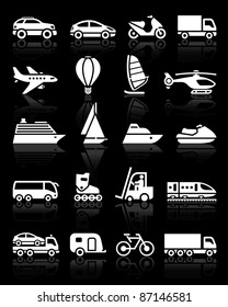 Set of simple transport icons with reflection, black background