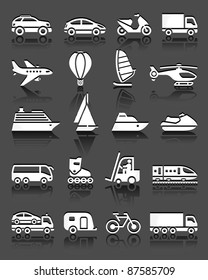 Set of simple transport icons with reflection, gray background