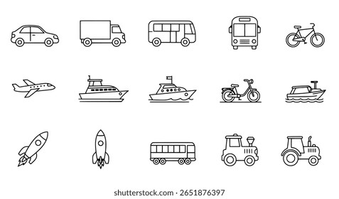 Un conjunto de iconos de líneas de transporte simples. Una colección minimalista de símbolos de vehículos que incluye un automóvil, un avión y un barco para Sitios web de viaje.