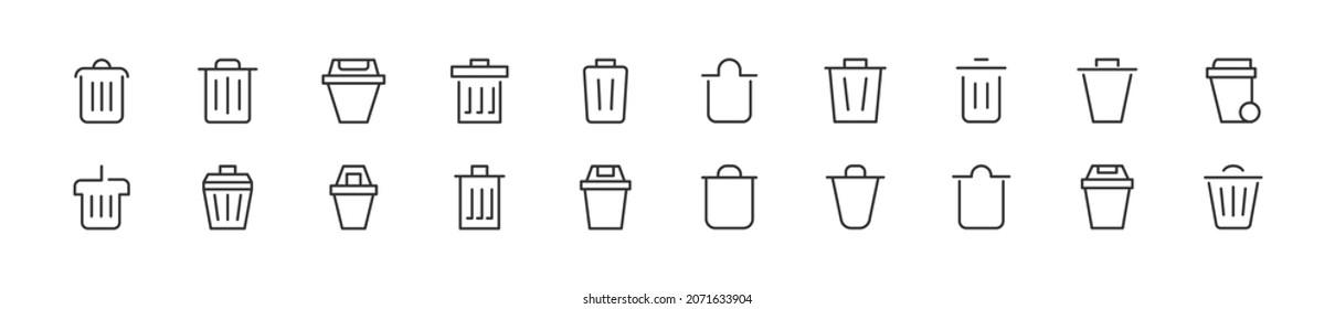 Juego de simples iconos de la línea de la papelera. Objeto de trazo de contorno. Envase de signos lineales. Perfecto para aplicaciones web y móviles.
