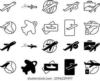 A set of simple, travel icons featuring tourism, transportation, navigation, and vacation-related symbols. Includes elements like airplanes, maps, luggage, hotels, and landmarks.