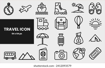 Set of Simple Travel Related Vector Line Icons. Contains Icons such as suitcase, transport, money, passport and more. Editable stroke. 64x64 Pixels.