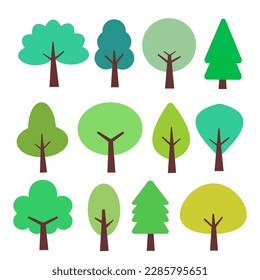 Set of simple tree icon with various green color on white background. 