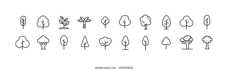 Set of simple tree line icons. Outline stroke object. Linear signs pack. Perfect for web apps and mobile.