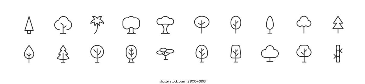 Set of simple tree line icons. Outline stroke object. Linear signs pack. Perfect for web apps and mobile.