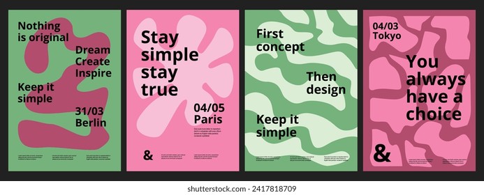 A set of simple trending posters with wavy spots and stripes. Templates of flyers in the style of Swiss design for an event, exhibition, concert.