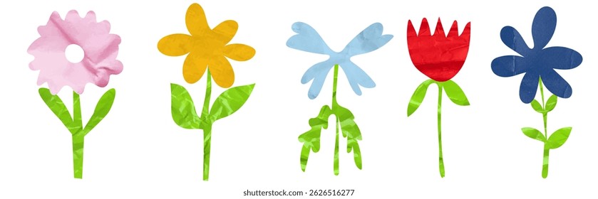 Set Simple trendy flowers. Cut out of colored paper for collage. Naive floral element

