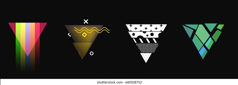 Set of simple triangle form, frames or border in geometric abstract pop art style. Modern trendy background shapes for design banner, poster, cover, flyer, brochure, card. Vector illustration.