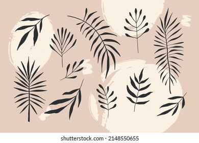 Set of simple Tropical Branch silhouette. Vector Isolated twigs, leaves, herbs, branches. Black elements on a white background. For summer design, decoration, pattern making