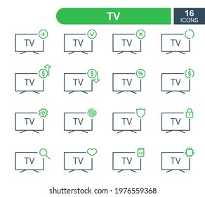 Set of Simple TV Line Icons. Television Repair Service, Sale, Loan, Renovation and Update System Line Icons. TV linear icons. Editable Stroke. Vector illustration.