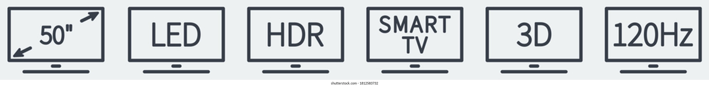 Set of simple TV technology icons, black text in stylised rectangle screen