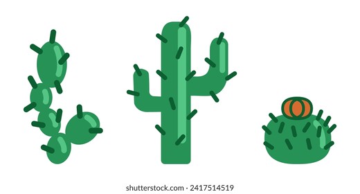 Set of simple types cacti made from geometric shapes. Collection of spiny Mexican desert plants. Green thorns. Cactus flower. Exotic botany. Doodle style. Color image. Vector illustration