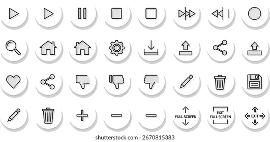 um conjunto de ícones de interface do usuário simples em círculos brancos. eles estão contornados em preto e incluem tocar, pausar, parar, iniciar, compartilhar e muito mais. os ícones estão em um plano de fundo cinza e têm uma aparência moderna