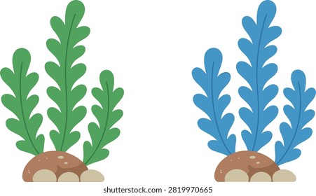 A set of simple underwater green and blue seaweed plants rooted on rocks. Perfect for aquarium decoration, ocean ecosystems, children's book illustrations, and marine concept designs.