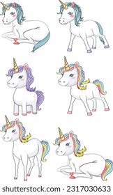 Set of simple unicorn outline with rainbow color illustration