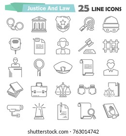 Set of simple universal line justice and law flat icons for web and mobile design