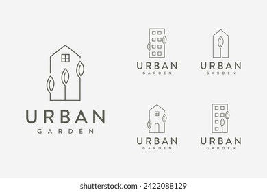 Set of simple Urban Garden logo, building leaf vector design