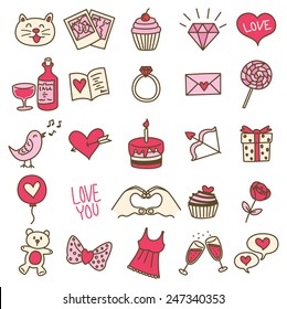 set of simple valentine icon in doodle style