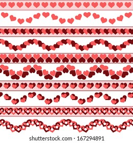 Set of simple Valentine`s day seamless  borders. Can be used as an independent seamless pattern. Vector illustration.