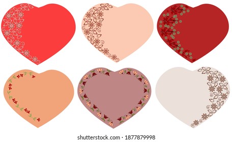 A set of simple valentines with a floral pattern. Vector illustration, isolated background