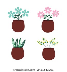 Set of simple vases with blooming flowers for decoration. Vector illustration	