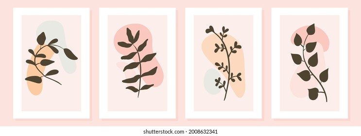 Set of simple vector art posters in white frame. Doodle line art branches and twigs with leaves, flower buds and petals. Abstract minimalistic shapes for design, print or wallpaper.
